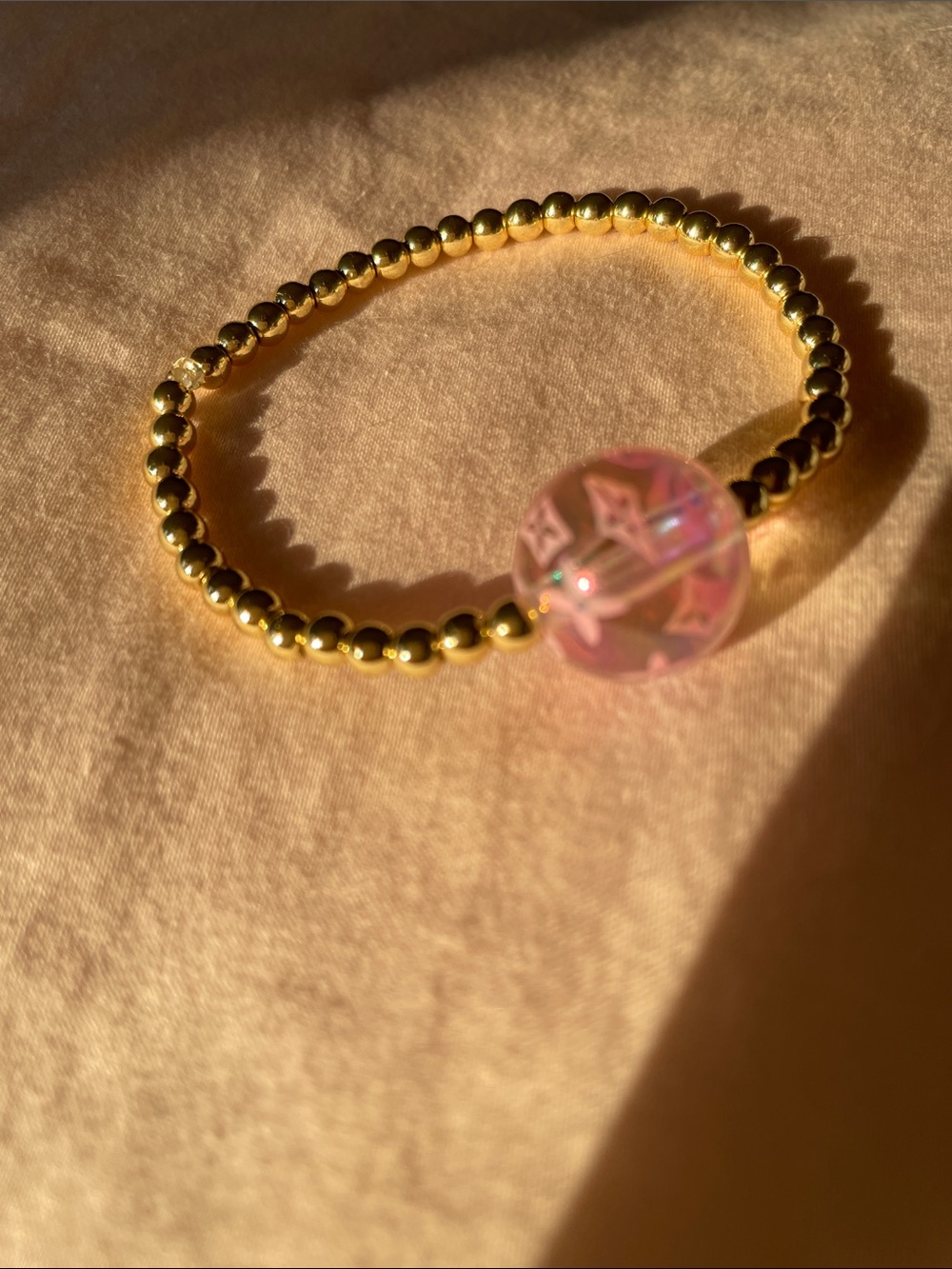 Gold Beaded Bracelet with Pink Accent Bead - Picture 8 of 9